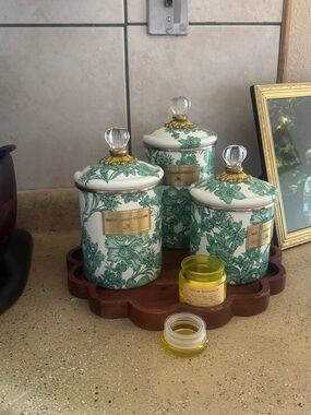 MacKenzie-Childs Green and Gold Botanical Ceramic Canister Set